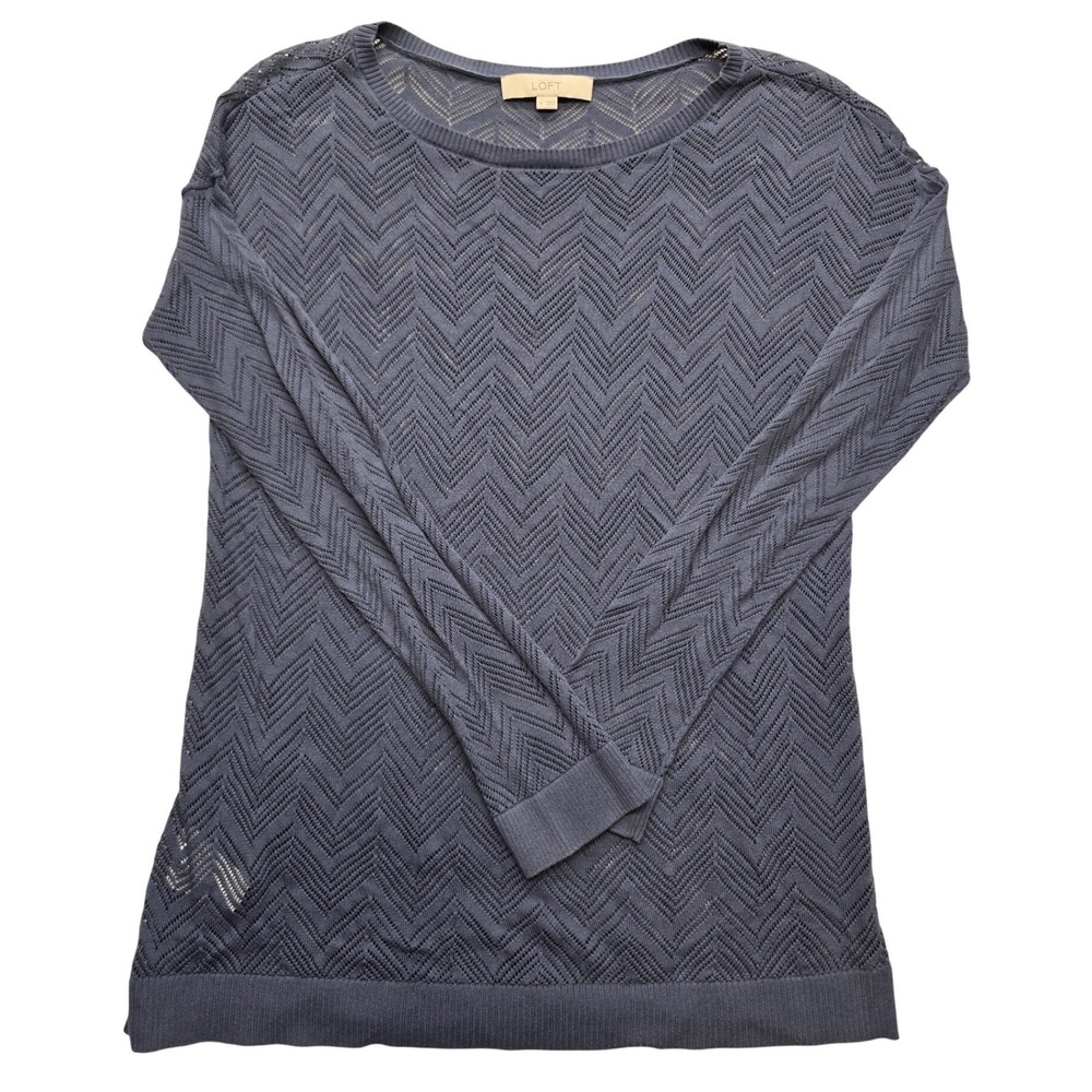 LOFT Chevron Open Knit Sweater Blue Cotton Pointelle Boho Pullover Womens Medium
